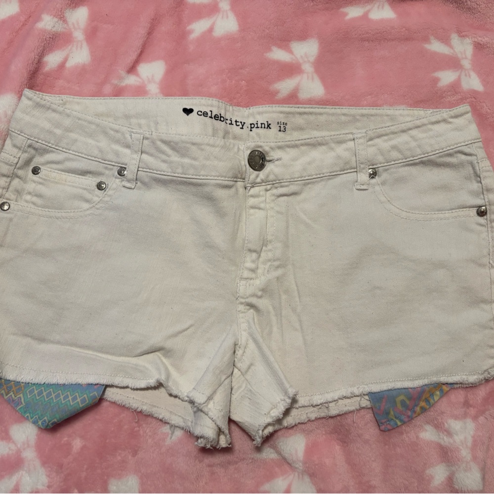 Celebrity Pink White Denim Shorts with Colorful Trim